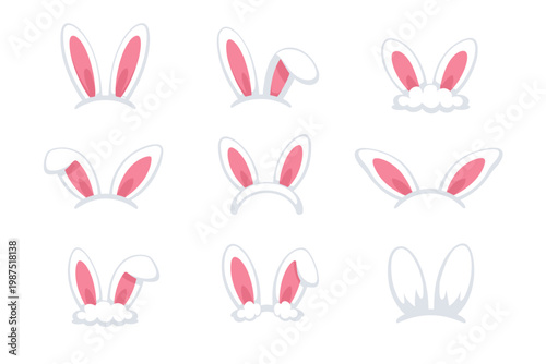 Cute Easter Bunny Ears Vector Icon Set with Various Styles. Simple Flat Illustration of Rabbit Ear Headbands for Spring Holiday, Party Costume Accessories, and Festive Graphic Design Elements.