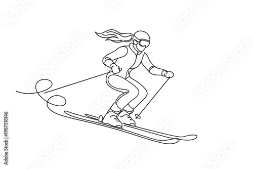 Continuous Line Drawing of a Female Skier Downhill Skiing, Minimalist Line Art Vector Illustration of a Professional Athlete in Action on a Snowy Mountain Slope, Winter Sports Concept Design.