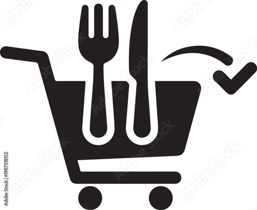 Food shopping cart icon, restaurant checkout symbol, utensil basket graphic, ecommerce sign