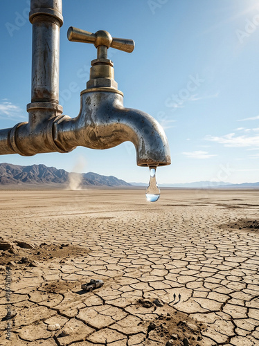 Single water tap in a parched desert landscape with cracked earth representing water scarcity