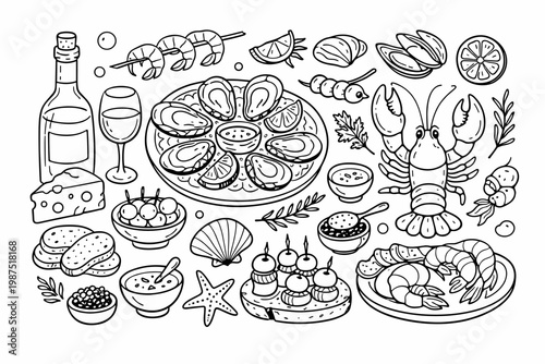 Hand-Drawn Seafood and Wine Aperitif Doodle Set: Line Art Vector Illustration with Lobster, Oysters, Shrimp, Mussels, Wine Bottle, Cheese, and Gourmet Appetizers for Restaurant Menu and Branding.