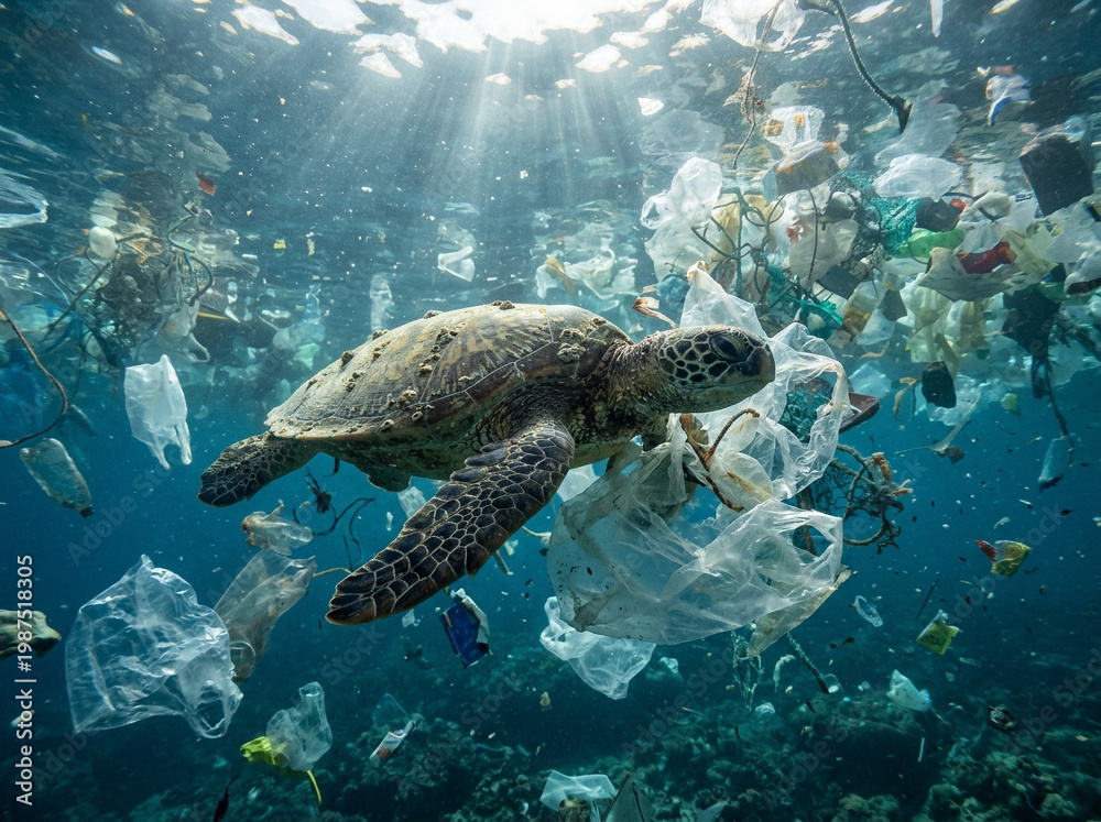 Fototapeta premium Sea turtle swimming through a sea of plastic waste and underwater pollution, environmental conservation concept