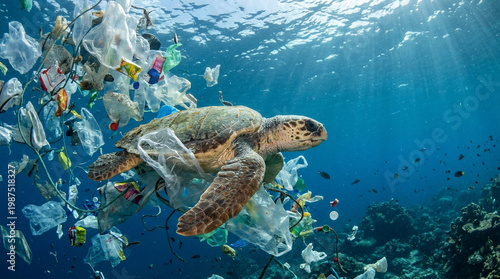 Sea turtle swimming through a sea of plastic waste and underwater pollution, environmental conservation concept