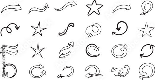 Diverse vector arrows stars hand drawn icons for direction movement and graphic design