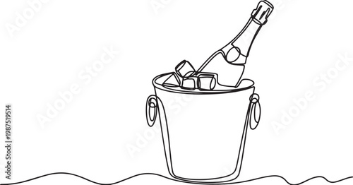 Champagne bottle in ice bucket continuous line drawing