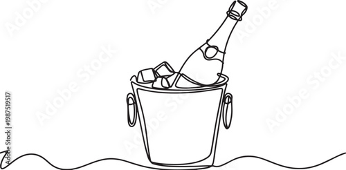 Single line drawing of champagne bottle in ice bucket