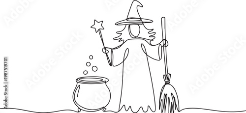 Witch with Cauldron and Broomstick One Line Drawing