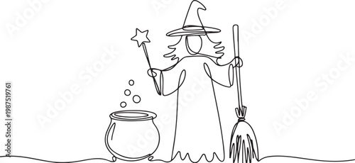 Continuous line drawing of a witch with cauldron and broomstick Keywords: witch, cauldron