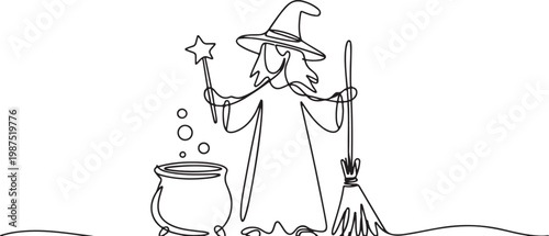 Single line art of a witch with cauldron and broomstick Keywords: witch, cauldron, broomstick