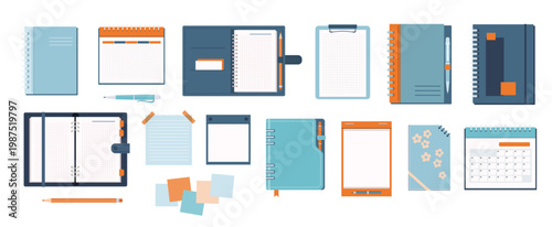 Notebooks collection, wire bound notebooks, notepad, colored sheets, pen and pencil isolated on white background. Open and closed notebooks.