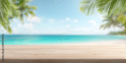 Wooden table on tropical beach background with palm leaves and blurred sea, summer product display

