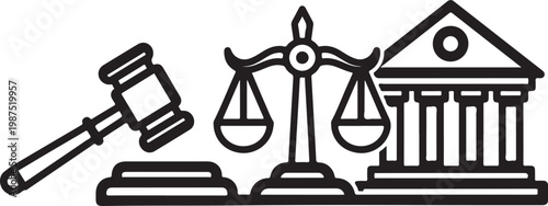 law, justice, scales, gavel, courtroom, legal, icon set, line art, black