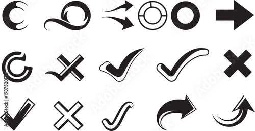 Black and white vector arrows checks and x marks graphic design elements for directional concepts