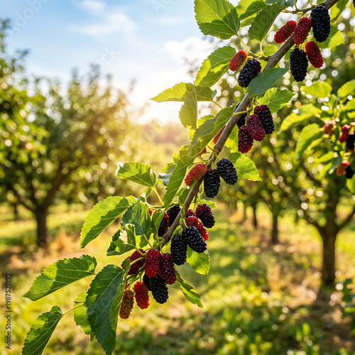 Ripe mulberries hanging on a tree branch bathed in sunlight