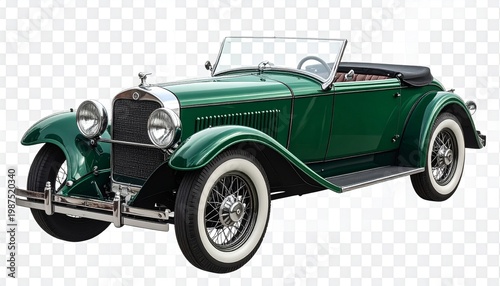 Classic dark green vintage convertible with chrome details, whitewall tires and elegant design, antique automotive craftsmanship atmosphere…
