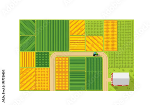 Top-down vector illustration of a vibrant farmland with a tractor and barn, bird's eye view