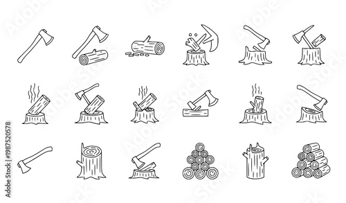 A set of line art icons depicting various axe and log cutting scenes