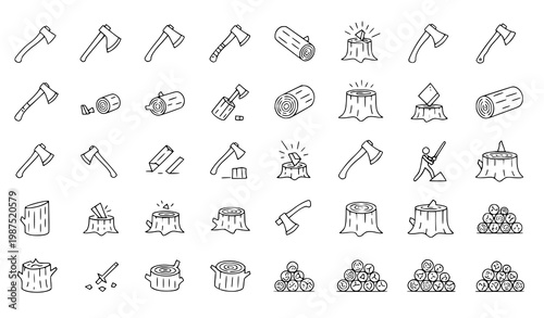 A set of line art icons depicting various axe and log cutting tools
