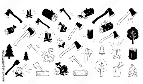 A collection of black and white vector icons depicting axes and wood