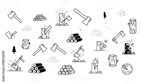 A set of black and white line art illustrations of axes and logs