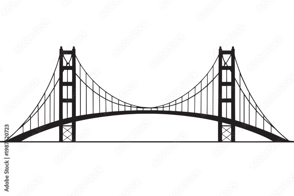 Fototapeta premium Suspension bridge silhouette vector icon, black minimalist architectural bridge illustration, modern engineering structure graphic for travel and logistics