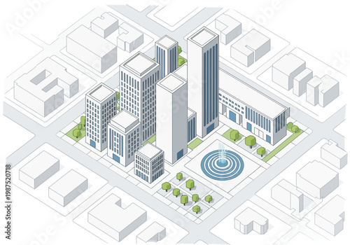 Isometric vector city landscape with buildings, trees, and a fountain, ideal for urban planning concepts