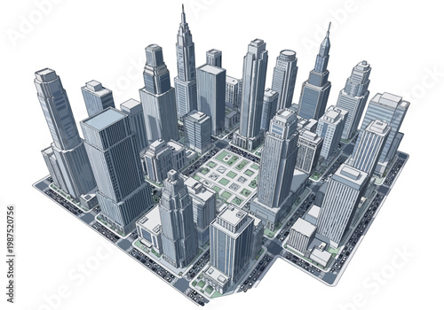 Vector illustration of a cityscape with towering skyscrapers and a central park from a high vantage point