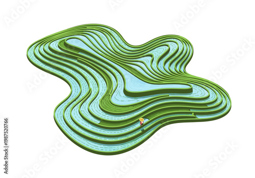 Abstract Topographic Map - Vector Illustration of Green Terraced Landscape with Blue Water Features