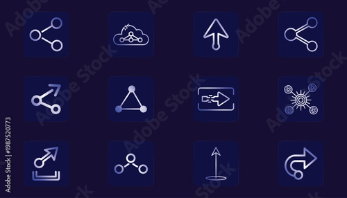 Set of 12 blue gradient minimalist share and networking line icons.