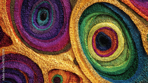 Colorful Sand Art Concentric Circles Spiral Rainbow Texture Abstract Pattern Vibrant Folk Decorative Background