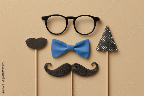Party photo booth props with mustache, glasses and blue bow tie on beige background, Father's Day concept