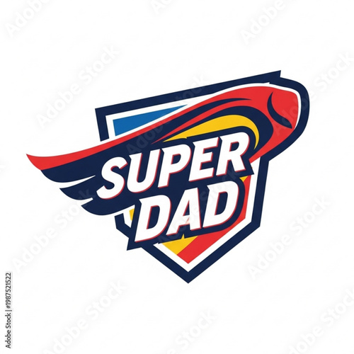 A colorful vector graphic illustration of a superhero logo for Super Dad with wings and bold text