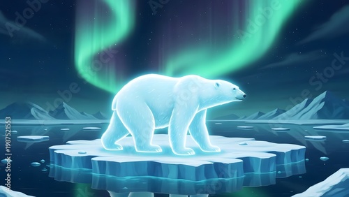 Arctic Polar Bear Walking on Ice Under Vibrant Northern Lights Aurora