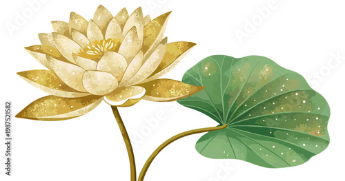 Vector illustration of lotus and lotus leaves decorated with gold glitter