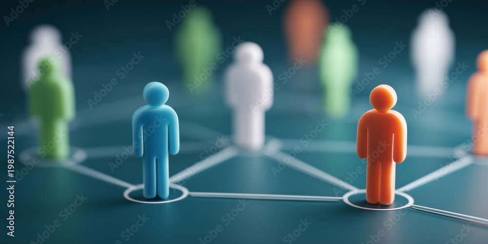 Obraz premium Colorful 3D people figures connected by lines representing social network and teamwork