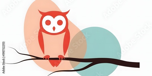 Minimalist flat design illustration of a red owl on a tree branch