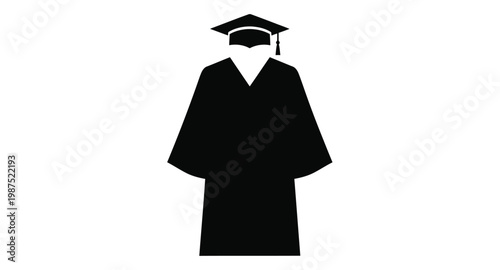 Black graduation cap and gown silhouette on transparent background