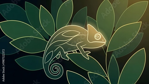 Chameleon outline glowing on a dark background with leaves