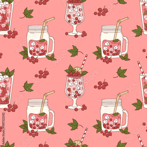 Red Currant Summer Drinks Seamless Pattern. Fresh Cocktail with Ice Cubes, Berries, Mint and Lemon on Pink Background. Square Vector Illustration