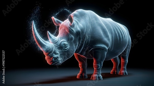 Rhino made of glowing blue light and particles