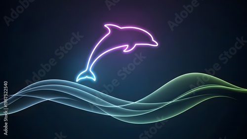 Neon Dolphin Jumping Over Glowing Waves Abstract Digital Art