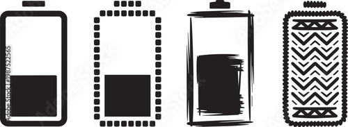 Battery level indicator 4 icon set with solid, pixel art, brush stroke, and tribal patterns
