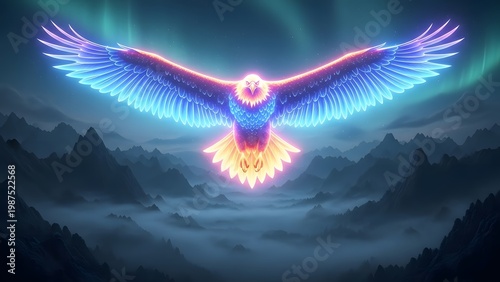 Majestic Eagle with Radiant Wings Soaring Over Misty Mountains with Aurora Sky