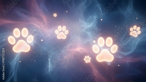 Glowing Paw Prints Floating in a Dreamy Cosmic Nebula Background