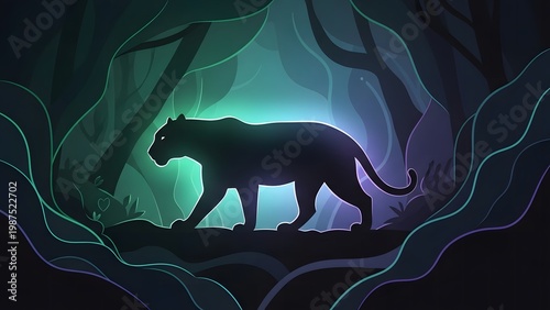 Panther Silhouette Walking Through a Mystical Glowing Jungle Night