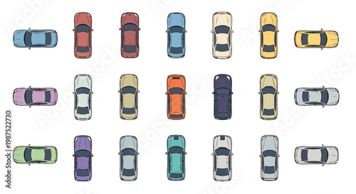 Various Cars From Above Flat Vector Cartoon Illustration Set