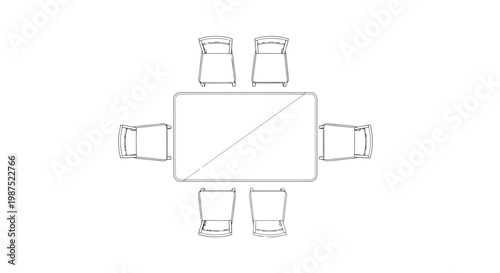 Top View Outline Vector of Dining Table with Eight Chairs Furniture Layout