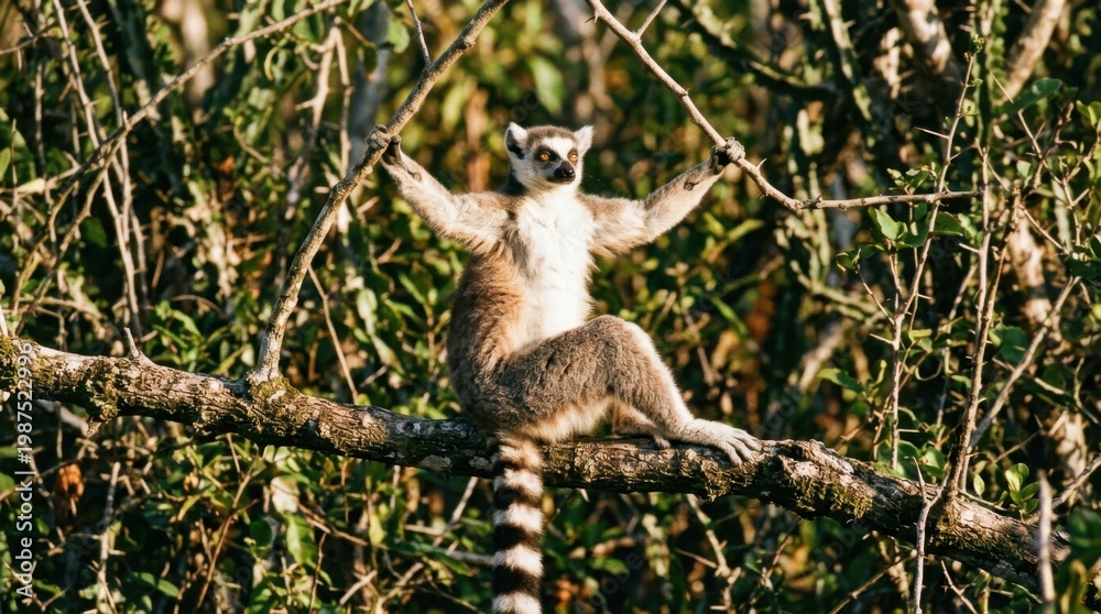 Fototapeta premium Ring-tailed lemur basking in the sun on a tree branch, wildlife photography.