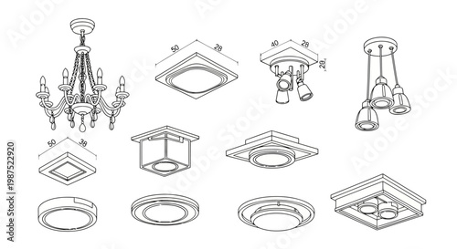 Technical Line Art Vector Drawings of Diverse Lighting Fixtures