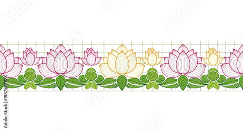 Stylized Seamless Lotus Flower Border Pattern with Leaves Floral Decoration